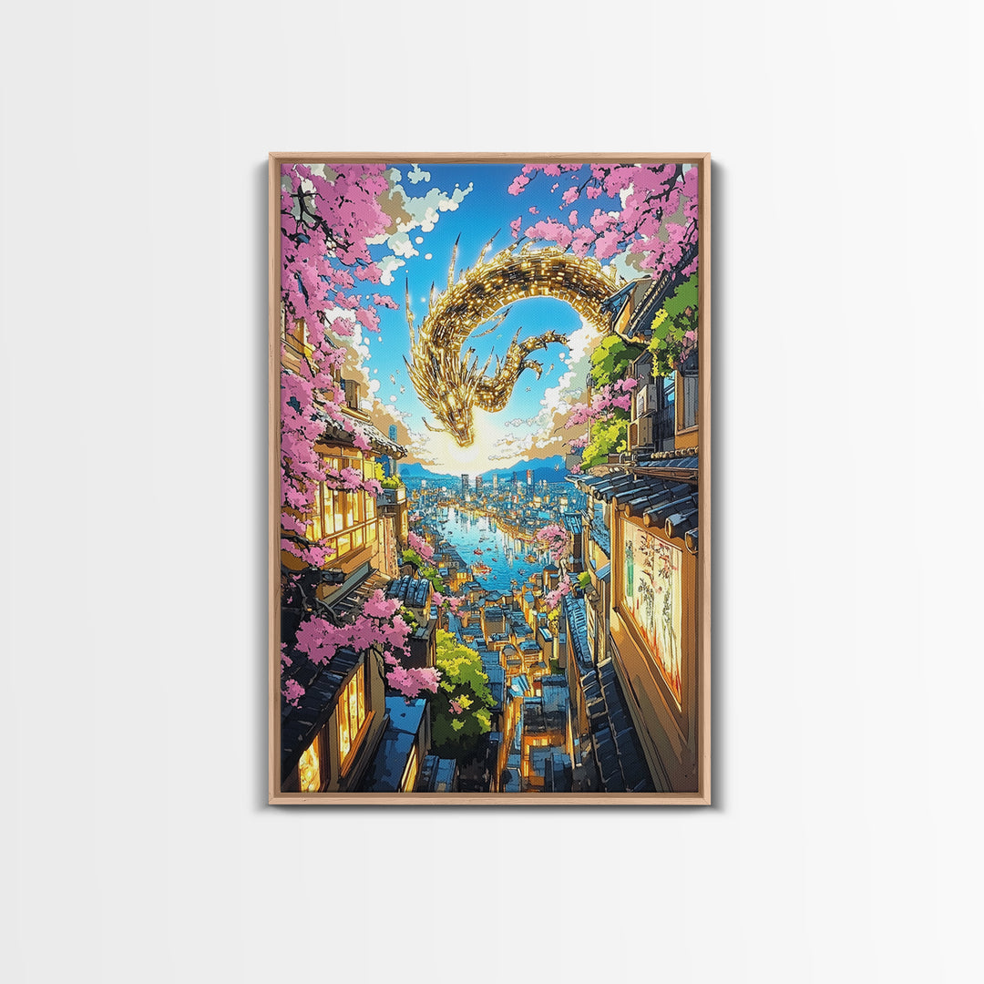 Golden Dragon Over Sakura Harbor Wall Art, Fantasy Japanese Cityscape Print, Cherry Blossom Decor For Asian Home Decor Gift