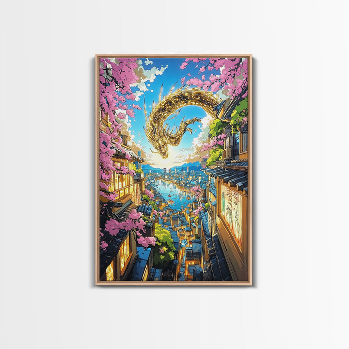 Golden Dragon Over Sakura Harbor Wall Art, Fantasy Japanese Cityscape Print, Cherry Blossom Decor For Asian Home Decor Gift
