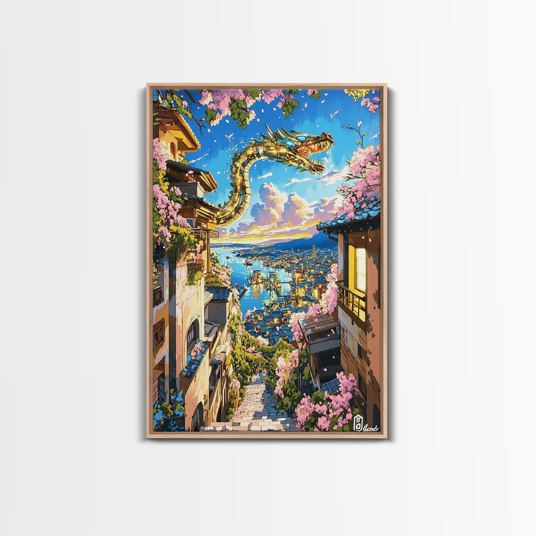Serpentine Dragon Above Coastal Village Canvas Print, Japanese Fantasy Wall Decor, Sakura Sunset Art For Bold Home Decor
