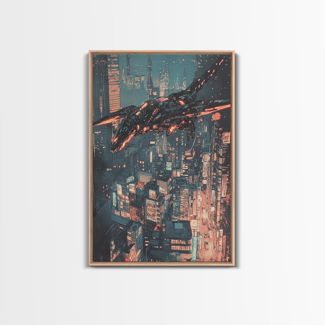 Cyberpunk Mechanical Dragon Over Neon City Wall Art, Futuristic Sci Fi Canvas, Dystopian Urban Decor For Gaming Room Poster