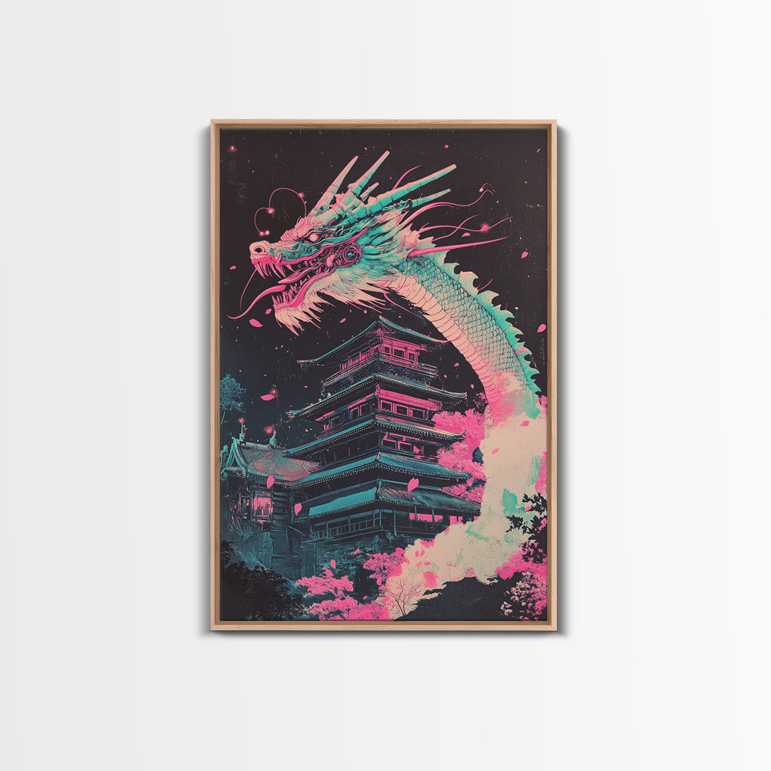 Neon Dragon Rising Over Midnight Pagoda Canvas Print, Japanese Cyberpunk Wall Art, Pink Sakura Fantasy Decor For Gaming Room