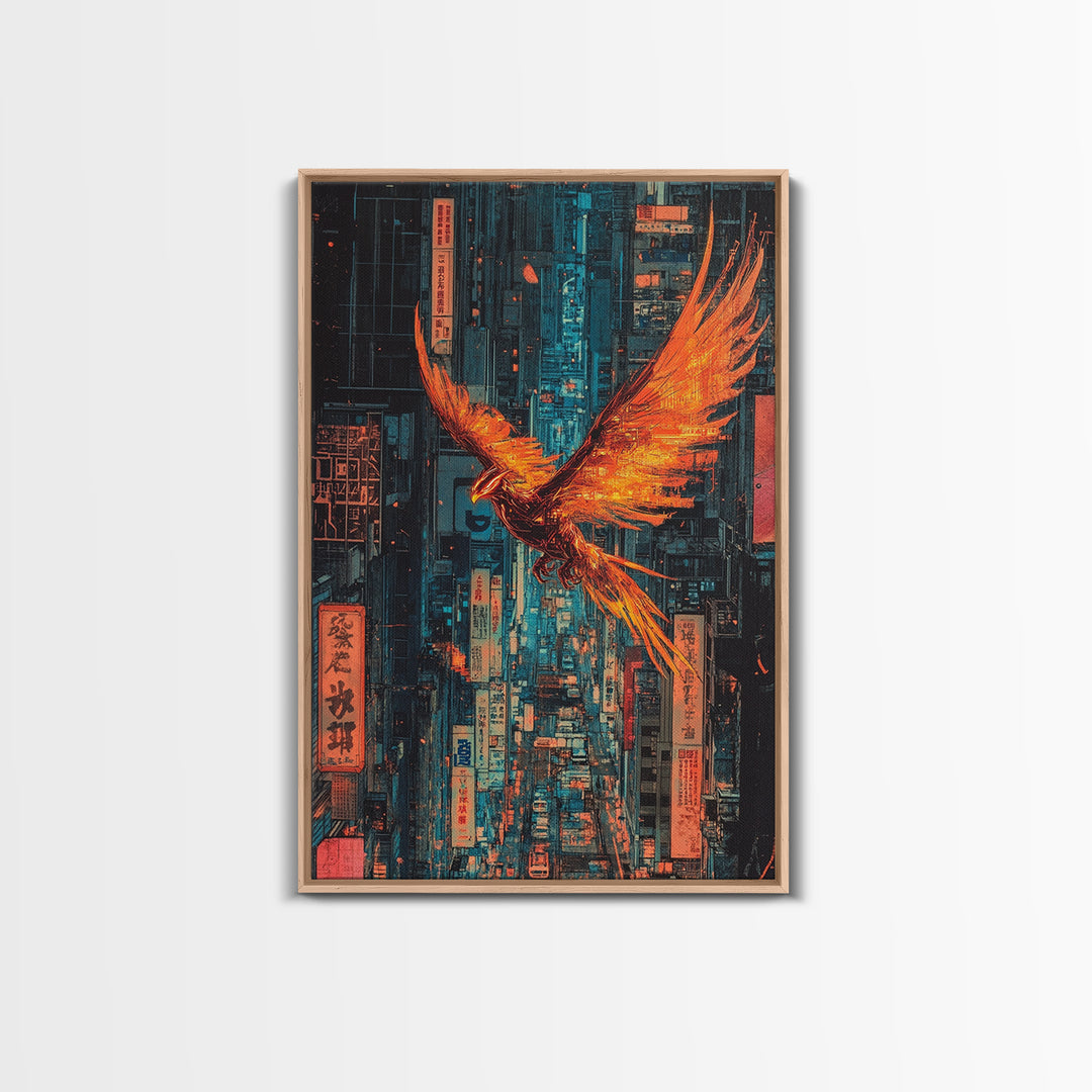 Fiery Phoenix Flying Through Neon Alley Wall Art, Cyberpunk City Canvas, Orange Bird Poster For Modern Office Decor Gift