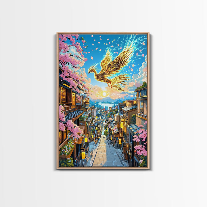 Golden Phoenix Over Sakura Hillside Town Framed Canvas Print, Japanese Fantasy Wall Art, Cherry Blossom Sunrise Decor For Home