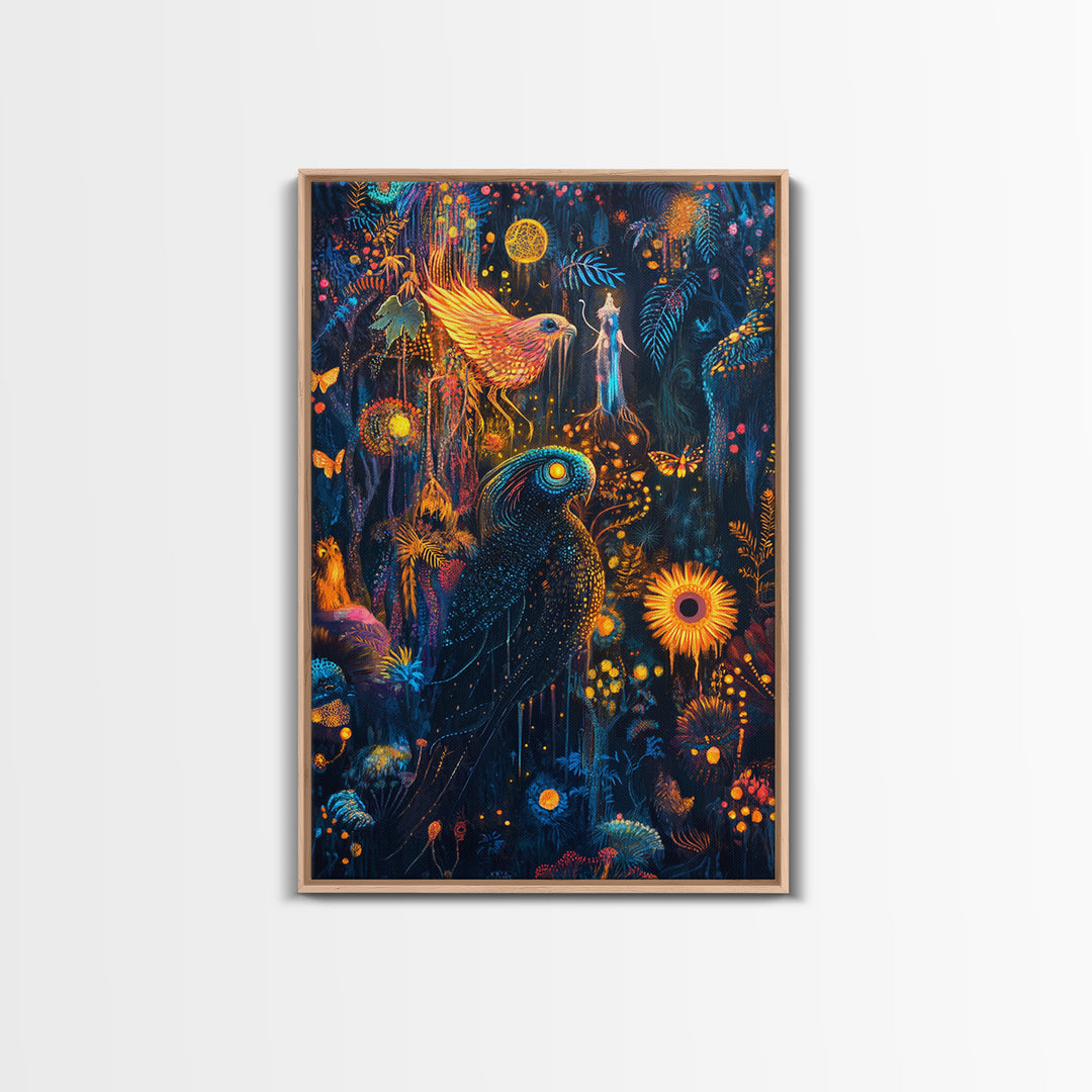 Luminous Birds In Enchanted Jungle Wall Art, Whimsical Fantasy Canvas, Celestial Moon Decor For Boho Maximalist Home Decor