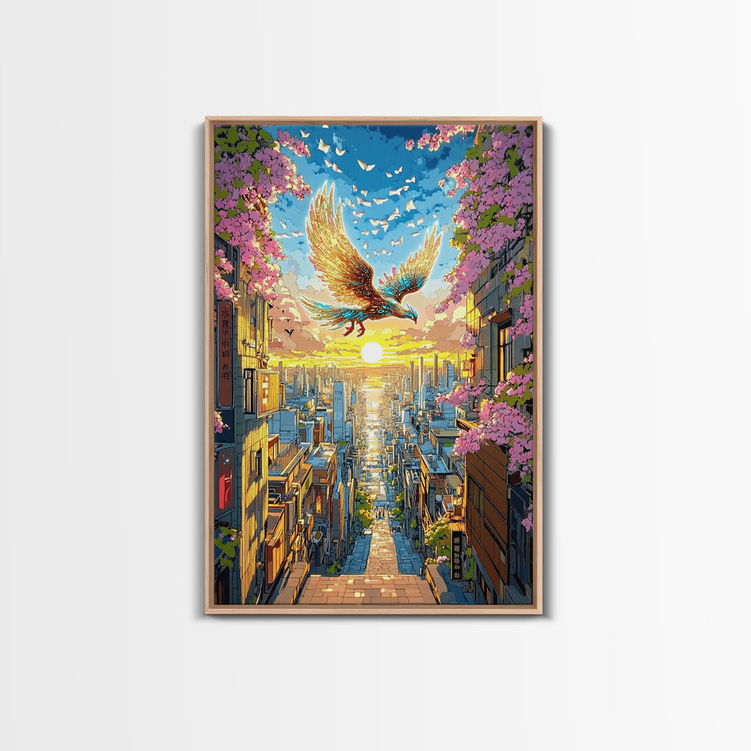 Golden Phoenix Over Sakura City Wall Art, Japanese Fantasy Art Print, Colorful Wall Art, Living Room Wall Decor, Housewarming Gift