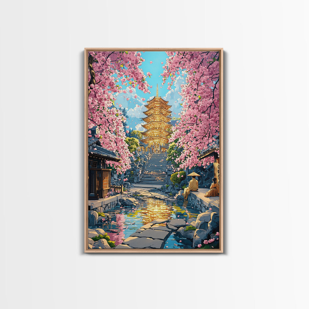 Golden Pagoda Cherry Blossom Framed Canvas Print, Japanese Wall Art, Serene Zen Decor, Living Room Wall Decor, Housewarming Gift For Her