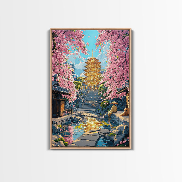 Golden Pagoda Cherry Blossom Framed Canvas Print, Japanese Wall Art, Serene Zen Decor, Living Room Wall Decor, Housewarming Gift For Her