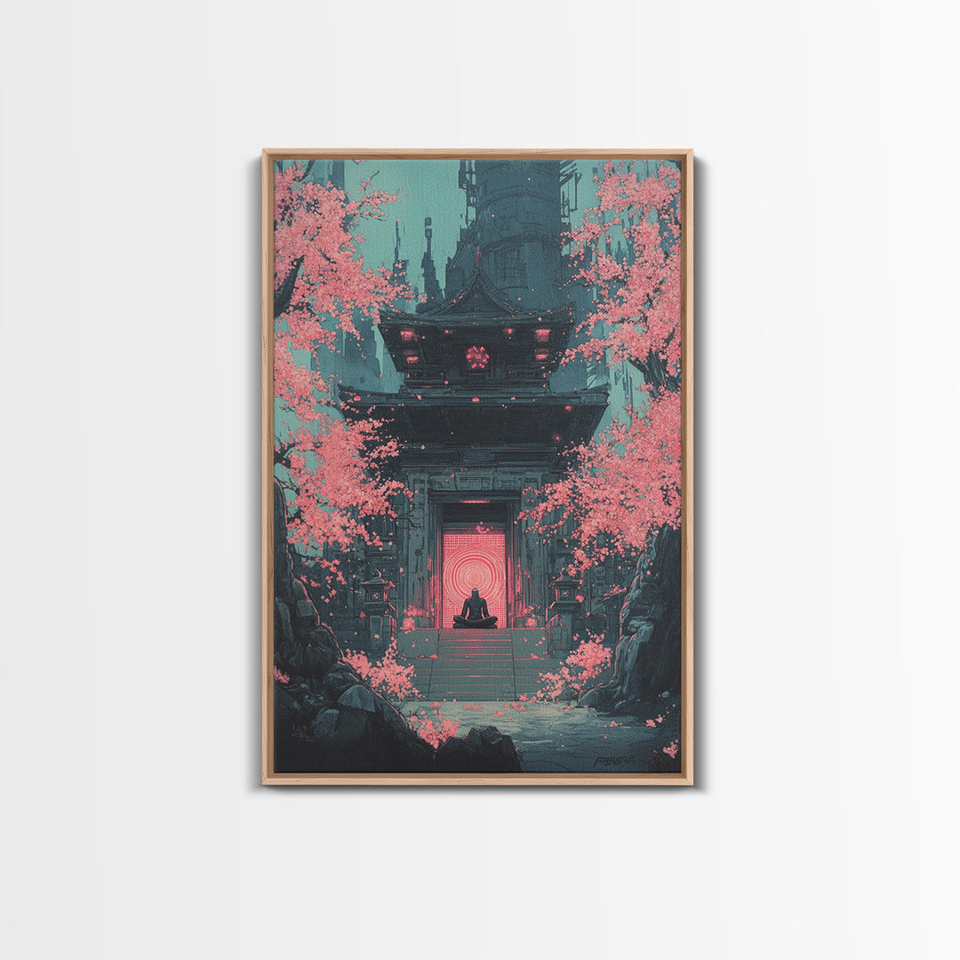 Neon Portal Temple With Pink Sakura Canvas Print, Cyberpunk Wall Art, Japanese Sci Fi Decor, Moody Office Wall Decor For Him