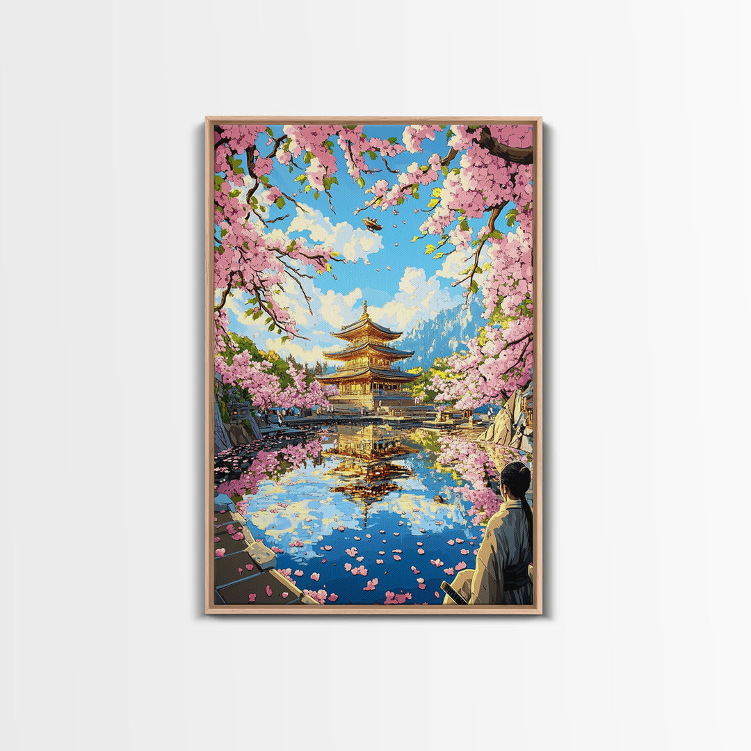 Golden Pagoda Reflected In Sakura Lake Framed Canvas Print, Japanese Wall Art, Mountain Landscape, Serene Zen Decor, Living Room Art