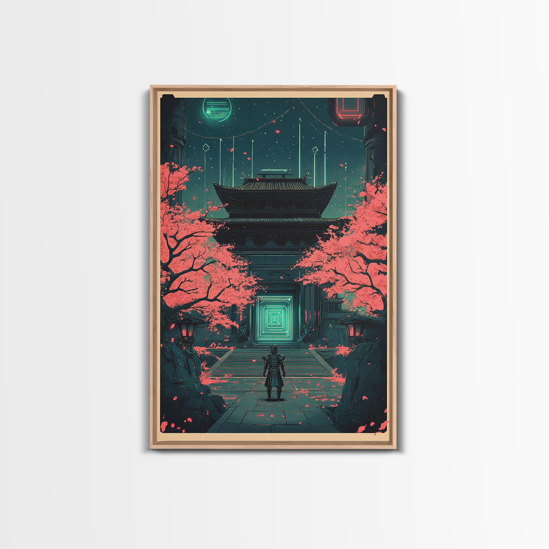 Neon Samurai At Sakura Temple Canvas Print, Cyberpunk Japanese Wall Art, Sci Fi Decor, Gaming Room Wall Decor Gift For Him
