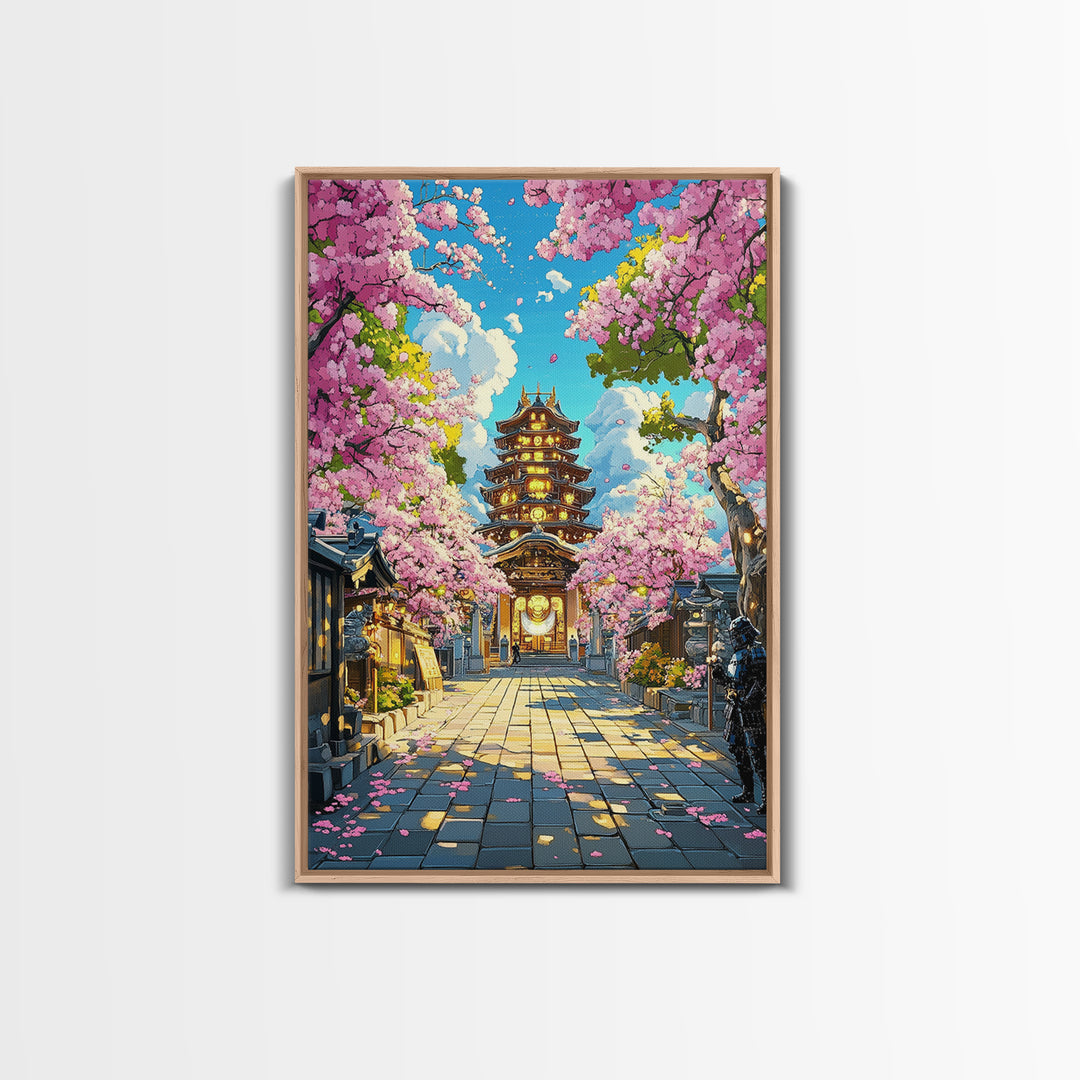Illuminated Pagoda Under Pink Sakura Wall Art, Japanese Temple Print, Vibrant Spring Decor, Living Room Wall Decor, Gift For Her