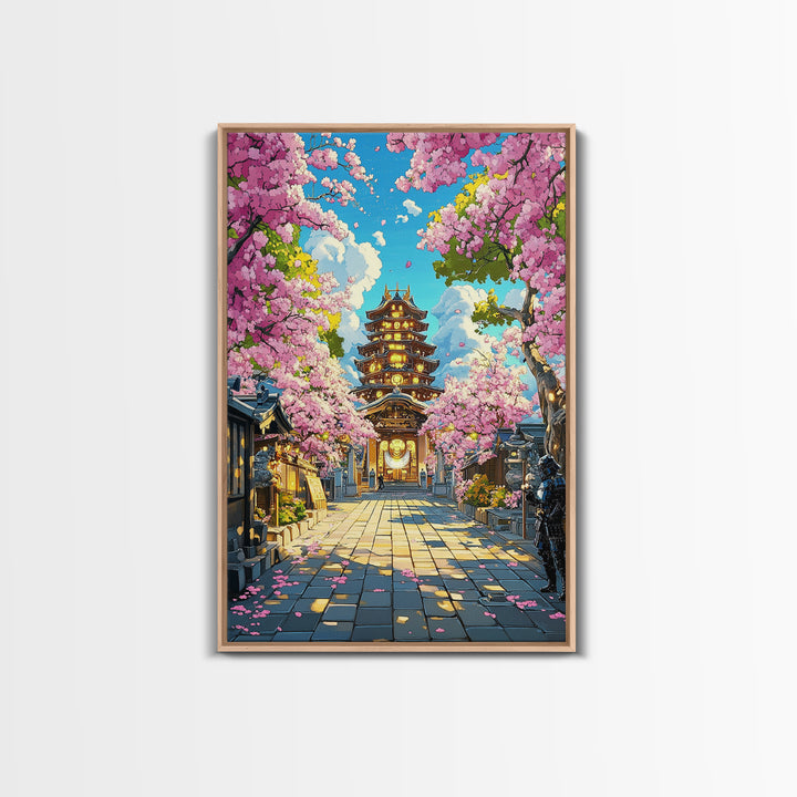 Illuminated Pagoda Under Pink Sakura Wall Art, Japanese Temple Print, Vibrant Spring Decor, Living Room Wall Decor, Gift For Her