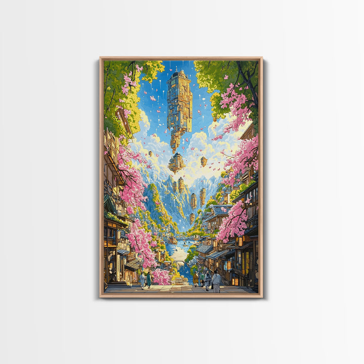 Floating Sky Tower Over Sakura Village Wall Art, Japanese Fantasy Landscape, Surreal Art Print, Statement Living Room Decor