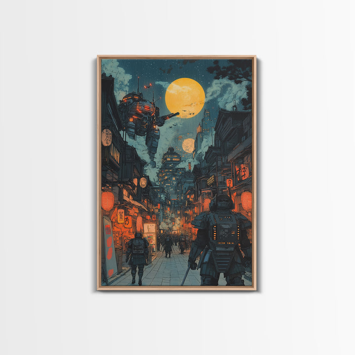 Mech Patrol In Neon Japanese Alley Canvas Print, Cyberpunk Wall Art, Sci Fi Cityscape Decor, Gaming Room Wall Decor For Him