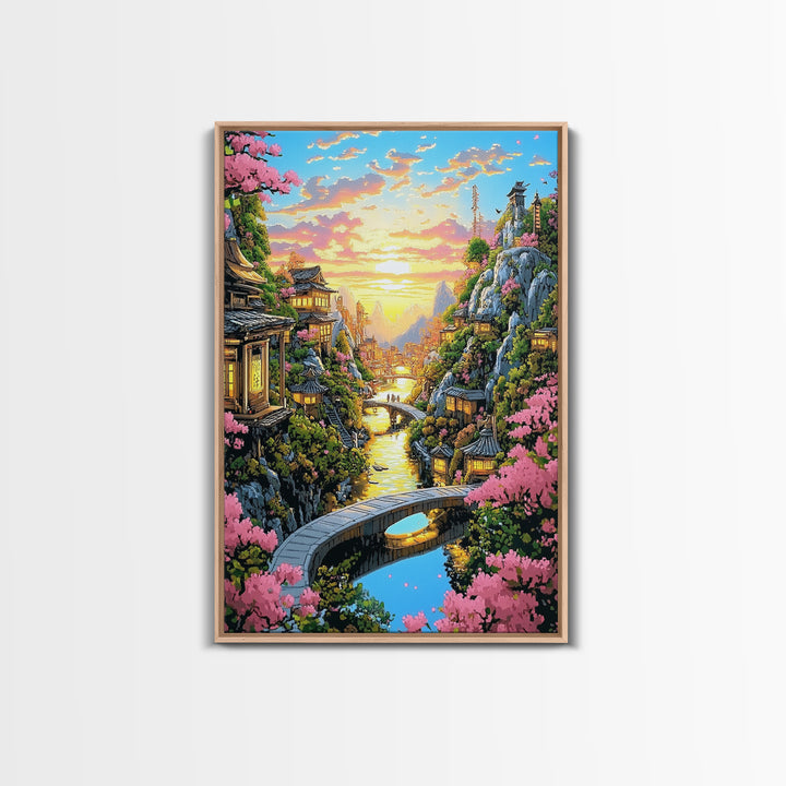 Sunset Canal Village With Sakura Framed Canvas Print, Japanese Landscape Wall Art, Romantic Coastal Home Decor, Gift For Her