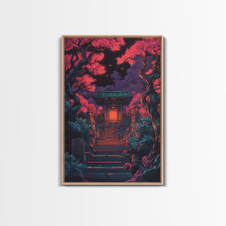 Moonlit Red Maple Shrine Stairway Wall Art, Dark Japanese Garden Print, Moody Gothic Decor For Bedroom And Living Room Gift