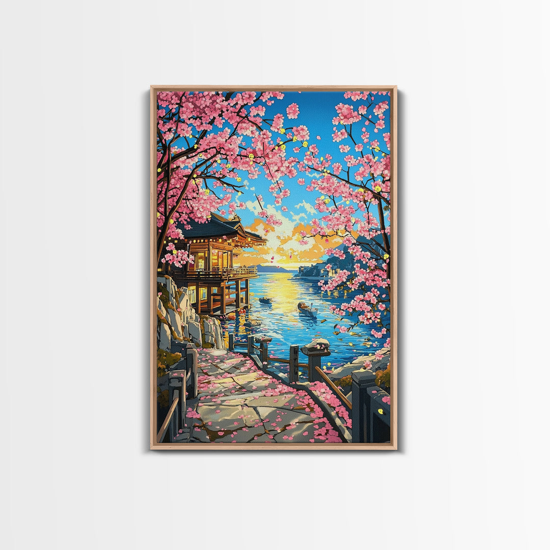 Sunset Seaside Temple With Cherry Blossoms Framed Canvas Print, Japanese Coastal Wall Art, Bright Zen Home Decor Gift For Her
