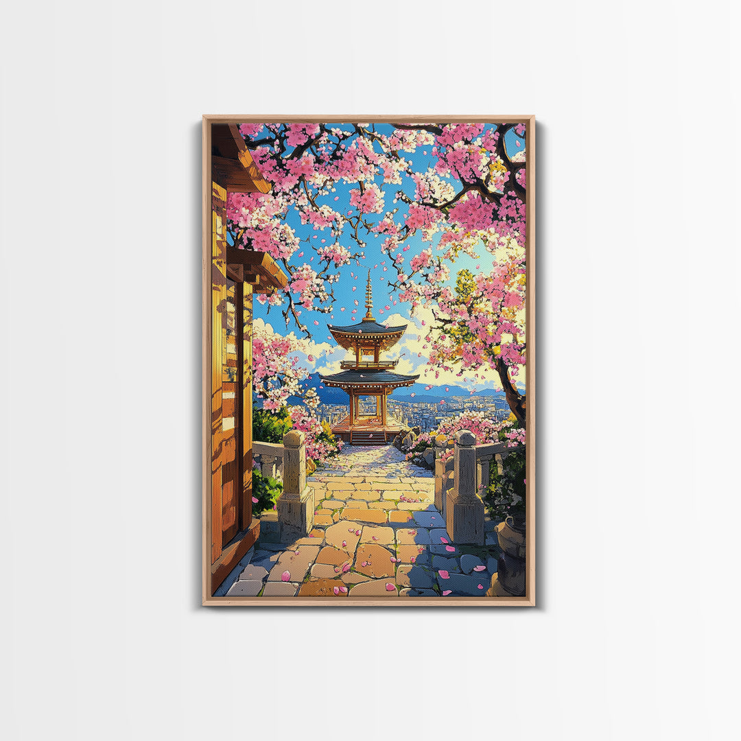 Hilltop Pagoda Under Pink Cherry Blossoms Canvas Print, Japanese Cityscape Wall Art, Bright Spring Decor For Living Room