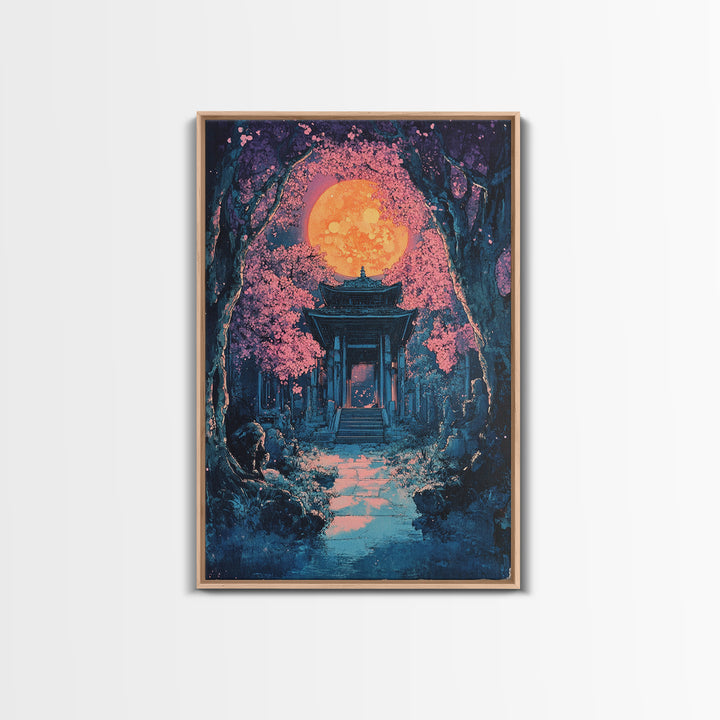 Full Moon Shrine In Pink Cherry Blossom Grove Wall Art, Mystical Japanese Landscape Print, Moody Celestial Bedroom Decor