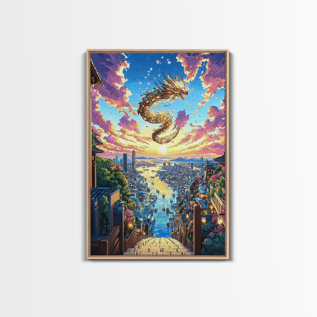Golden Dragon City Sunset Canvas Print, Japanese Fantasy Wall Art, Vibrant Urban Landscape, Gamer Room Decor, Unique Gift