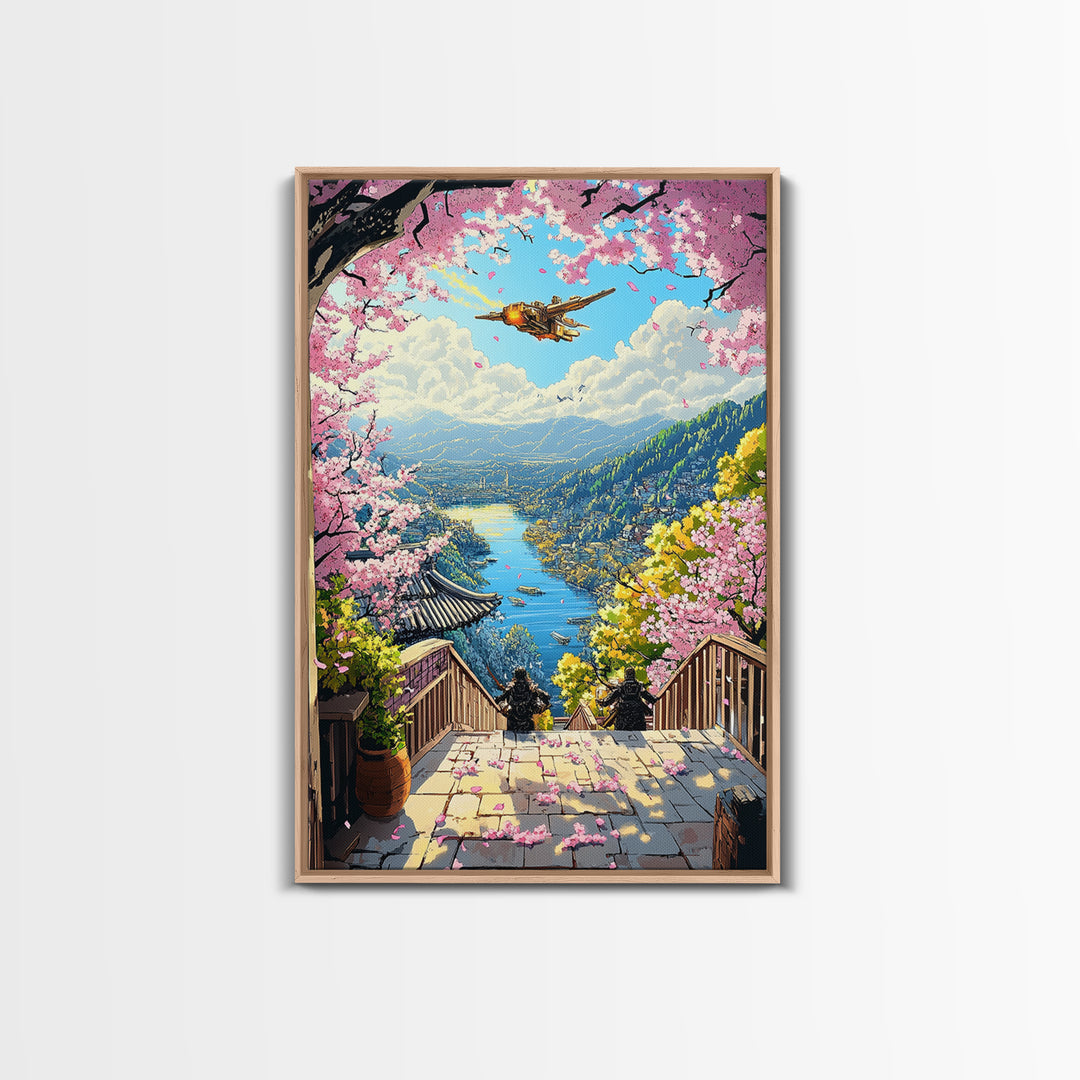 Airship Over Sakura Lake Wall Art, Fantasy Landscape Print, Japanese Mountain Decor, Whimsical Home Decor Gift For Her