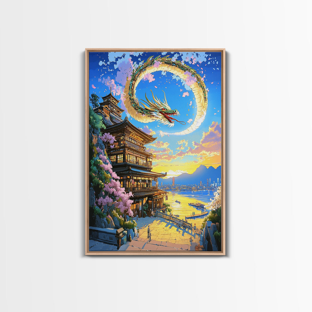 Crescent Dragon Seaside Temple Framed Canvas Print, Japanese Wall Art, Fantasy Coastal Decor, Statement Home Decor Gift