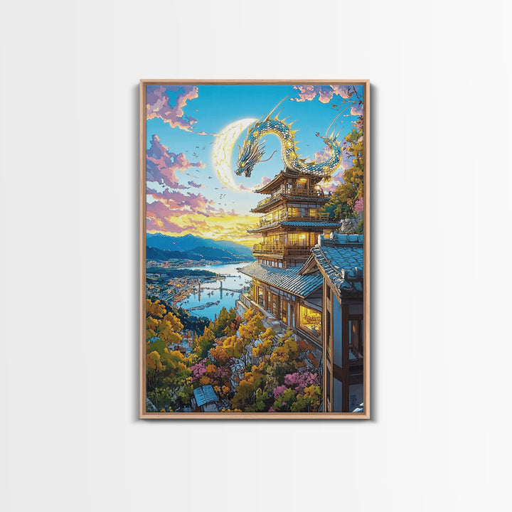Golden Moon Dragon Temple Framed Canvas Print, Japanese Fantasy Wall Art, Sakura Landscape Decor, Living Room Art Home Decor