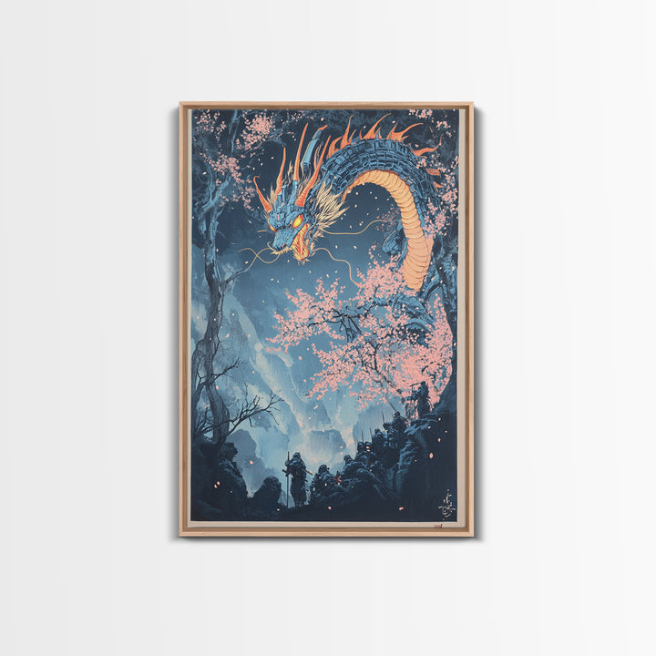 Blue Mountain Dragon Wall Art, Japanese Cherry Blossom Canvas Print, Ukiyo E Fantasy Decor, Asian Inspired Living Room Art Print