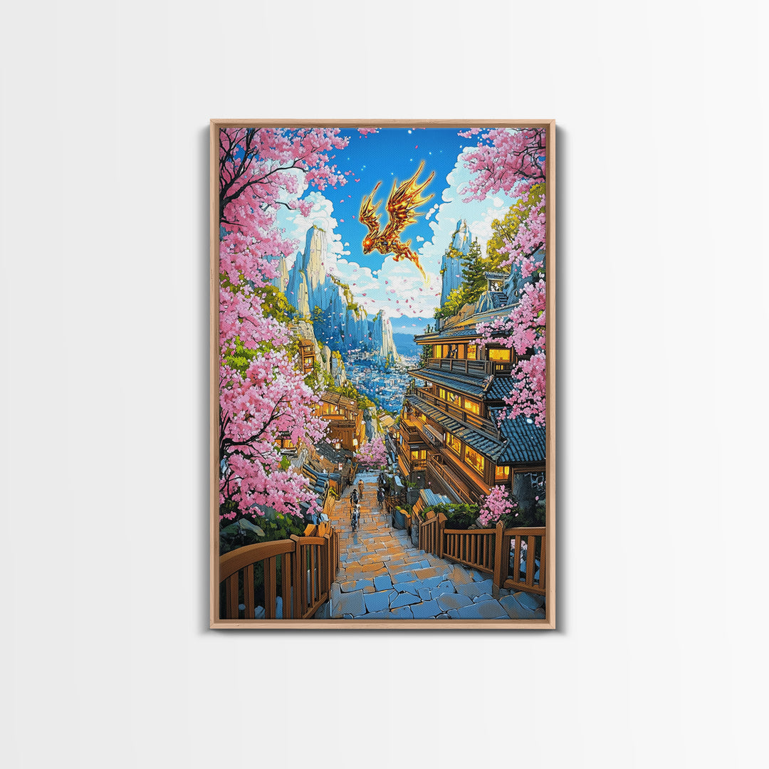 Golden Dragon Mountain Village Wall Art, Japanese Sakura Canvas Print, Anime Fantasy Landscape Decor, Colorful Living Room Art