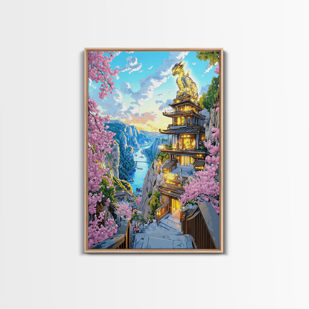 Cliffside Dragon Temple Framed Canvas Print, Sakura Mountain Landscape Wall Art, Japanese Fantasy Decor, Large Living Room Art