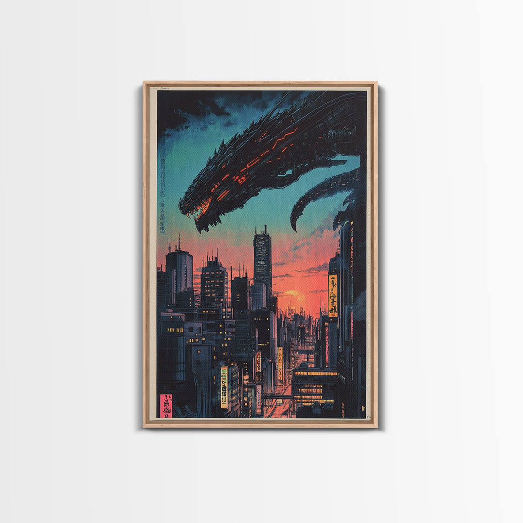 Cyberpunk Dragon City Wall Art, Neon Futuristic Skyline Canvas Print, Japanese Sci Fi Decor, Gaming Room Wall Art Gift For Him