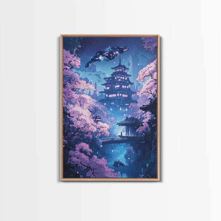 Futuristic Sakura Pagoda Wall Art, Purple Cherry Blossom Canvas Print, Sci Fi Japanese Landscape Decor, Bedroom Wall Art Gift For Her