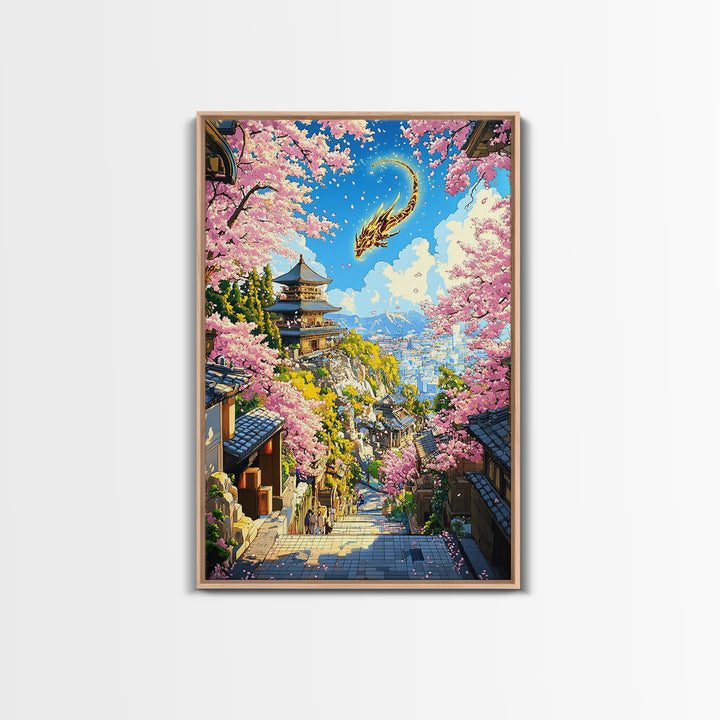 Golden Dragon Over Kyoto Pagoda Wall Art, Japanese Cherry Blossom Fantasy, Anime Landscape, Asian Home Decor, Living Room Art
