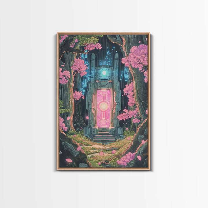 Neon Portal In Cherry Forest Framed Canvas Print, Cyberpunk Fantasy Wall Decor, Sci Fi Art, Modern Japanese Wall Art, Gaming Room Decor