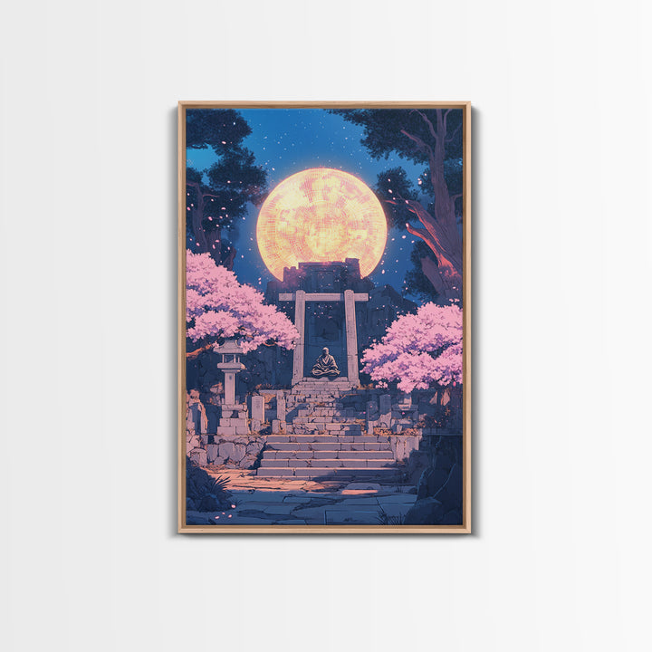 Glowing Moon Shrine With Meditating Monk Canvas Print, Japanese Wall Art, Cherry Blossom Decor, Zen Fantasy Living Room Art