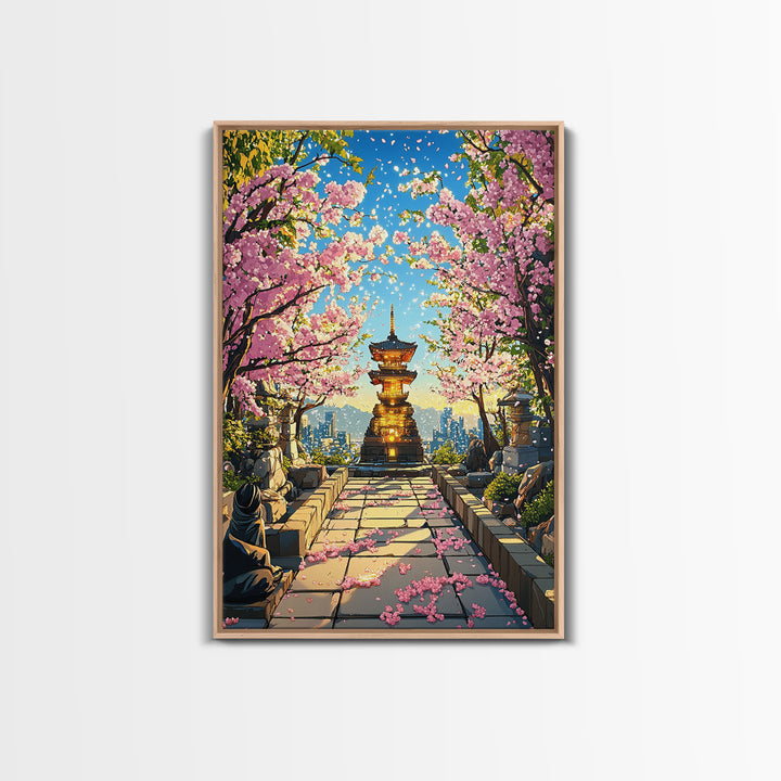 Cherry Blossom Pagoda Path Wall Art, Japanese Temple Landscape, Anime City Skyline, Spring Decor, Large Framed Canvas Print