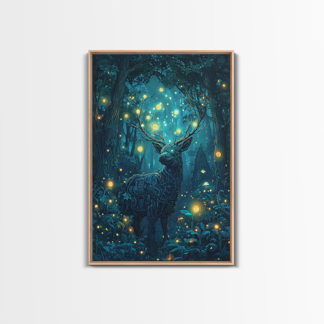 Mechanical Deer In Enchanted Forest Wall Art, Glowing Firefly Fantasy, Cyberpunk Animal Art, Whimsical Nature Canvas Print