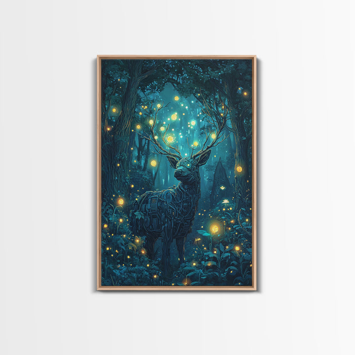 Mechanical Deer In Enchanted Forest Wall Art, Glowing Firefly Fantasy, Cyberpunk Animal Art, Whimsical Nature Canvas Print