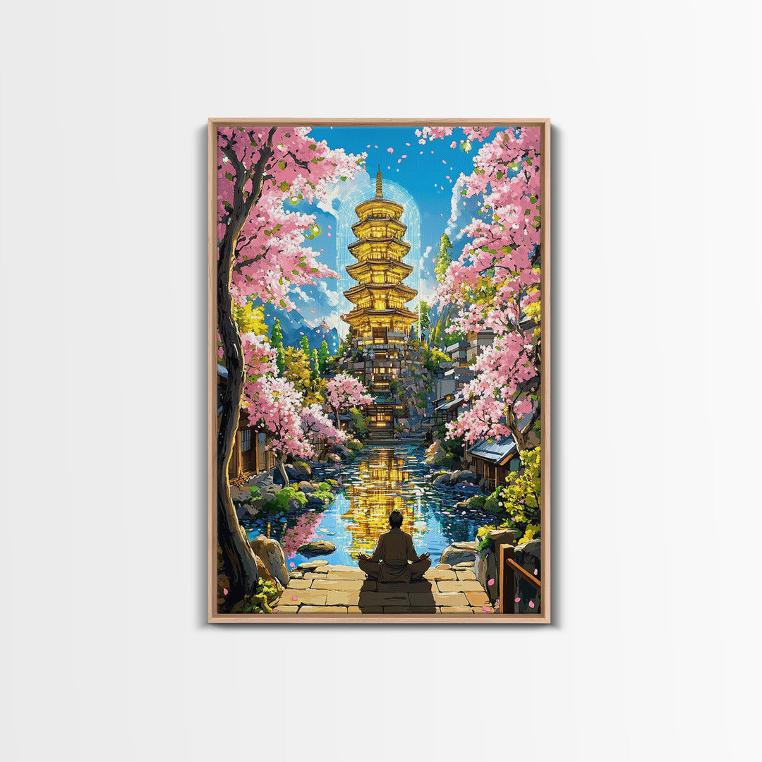Golden Pagoda Reflecting On Canal Framed Canvas Print, Japanese Cherry Blossom Wall Art, Zen Landscape, Asian Home Decor