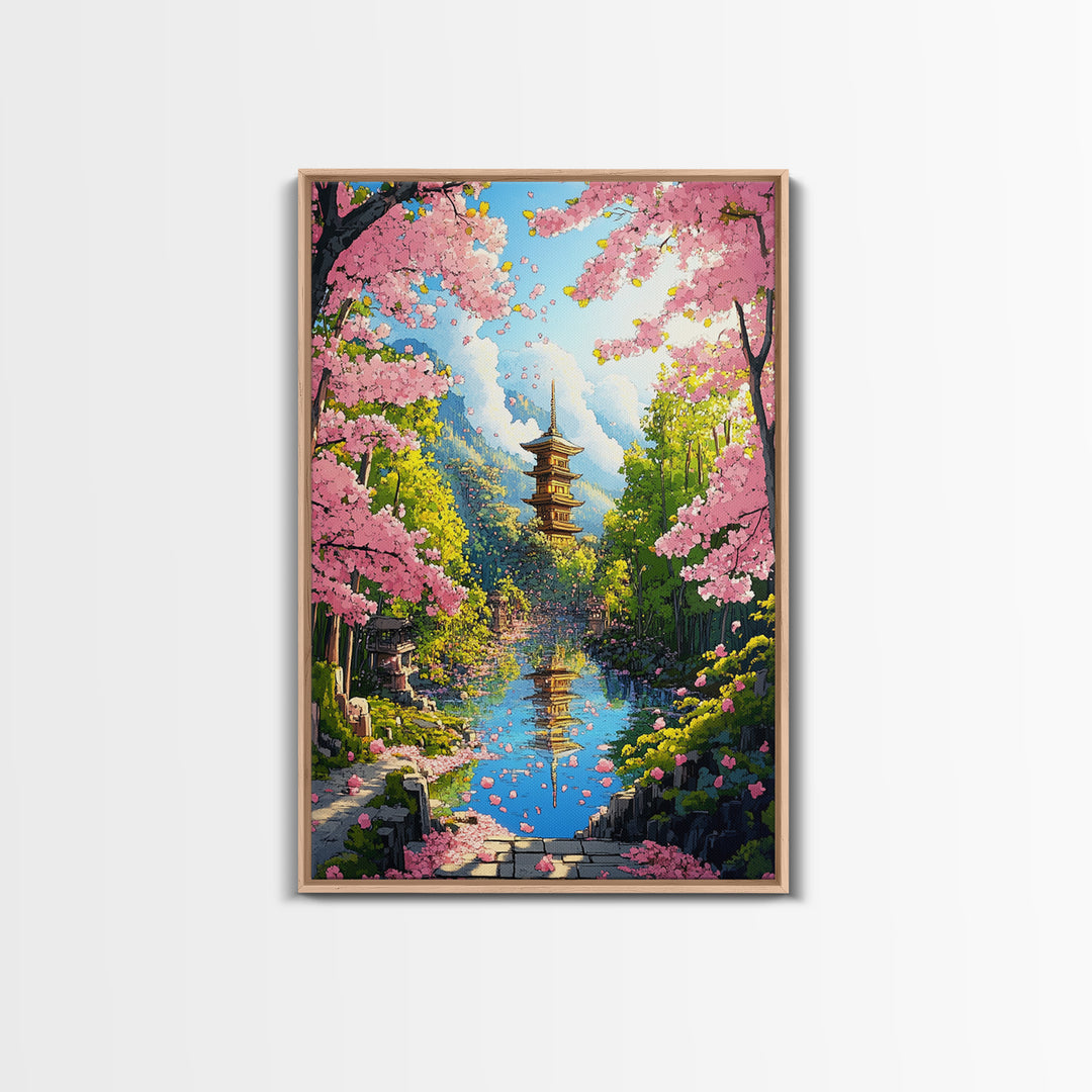 Cherry Blossom River Pagoda Canvas Print, Japanese Mountain Landscape Wall Art, Spring Nature Decor, Calming Living Room Art