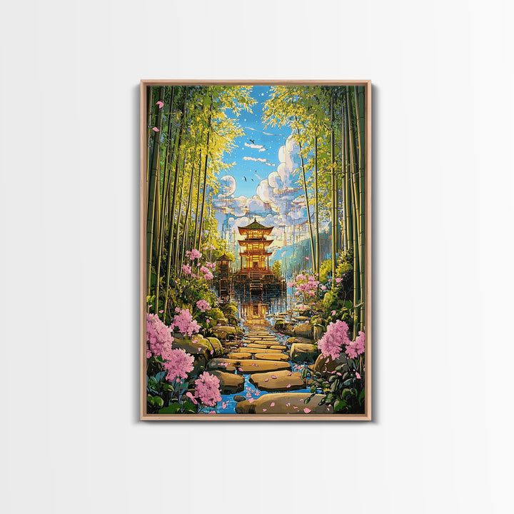 Bamboo Grove Temple Over Water Wall Art, Japanese Zen Landscape, Cherry Blossom Path, Japandi Decor, Framed Canvas Print