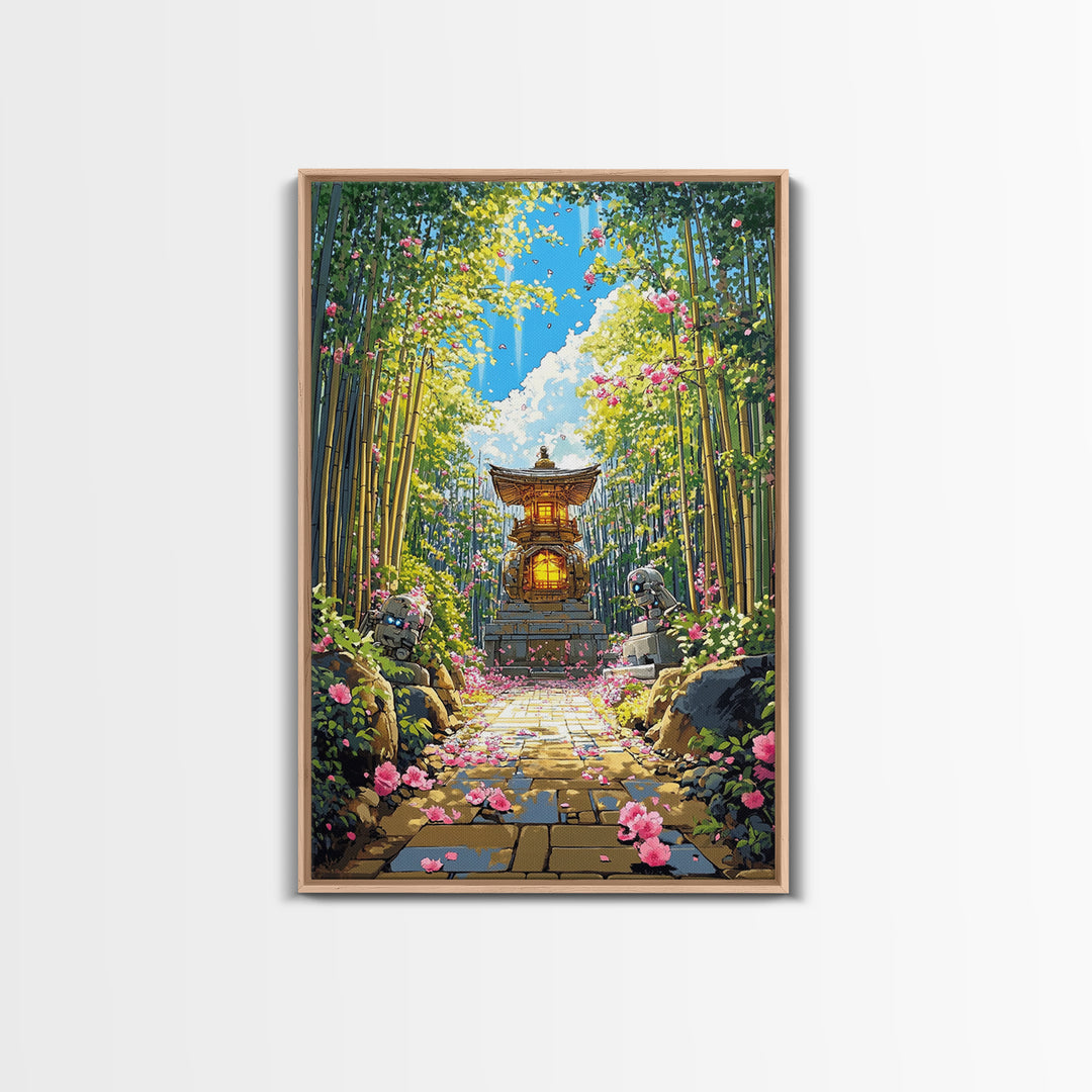 Sunlit Bamboo Garden Shrine Wall Art, Japanese Lantern Path, Pink Flower Decor, Zen Nature Art, Large Framed Canvas Print
