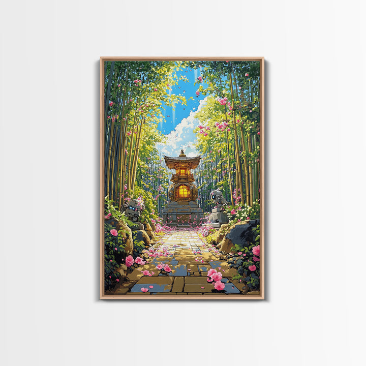 Sunlit Bamboo Garden Shrine Wall Art, Japanese Lantern Path, Pink Flower Decor, Zen Nature Art, Large Framed Canvas Print