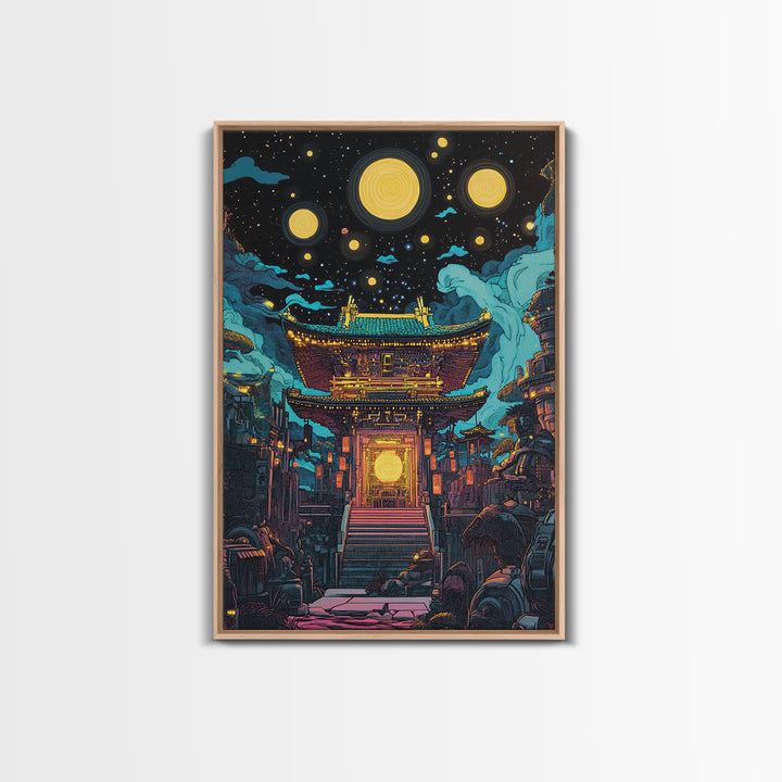 Starry Night Japanese Temple Wall Art, Glowing Moon Sci Fi Fantasy, Asian Cyberpunk Decor, Dark Academia Canvas Print, Home Decor