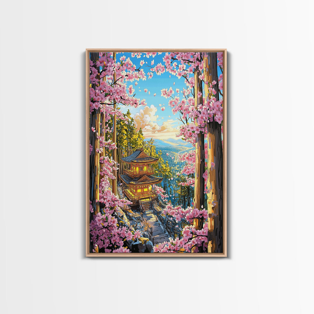 Cherry Blossom Pagoda Forest Wall Art, Japanese Landscape Canvas, Sakura Temple Print, Japandi Home Decor Gift For Living Room