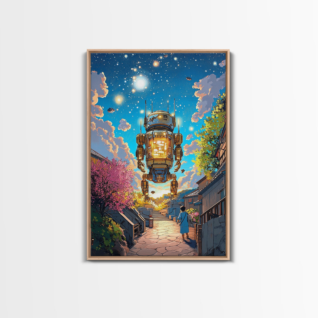 Floating Lantern Robot Wall Art, Futuristic Japanese Street Canvas Print, Cyberpunk Sakura Village Sci Fi Home Decor Gift