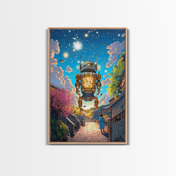 Floating Lantern Robot Wall Art, Futuristic Japanese Street Canvas Print, Cyberpunk Sakura Village Sci Fi Home Decor Gift