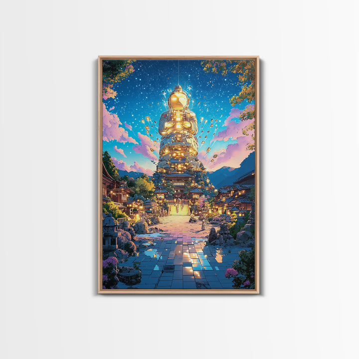 Golden Futuristic Buddha Temple Wall Art, Cyberpunk Japanese Village Canvas Print, Spiritual Sci Fi Decor For Meditation Room