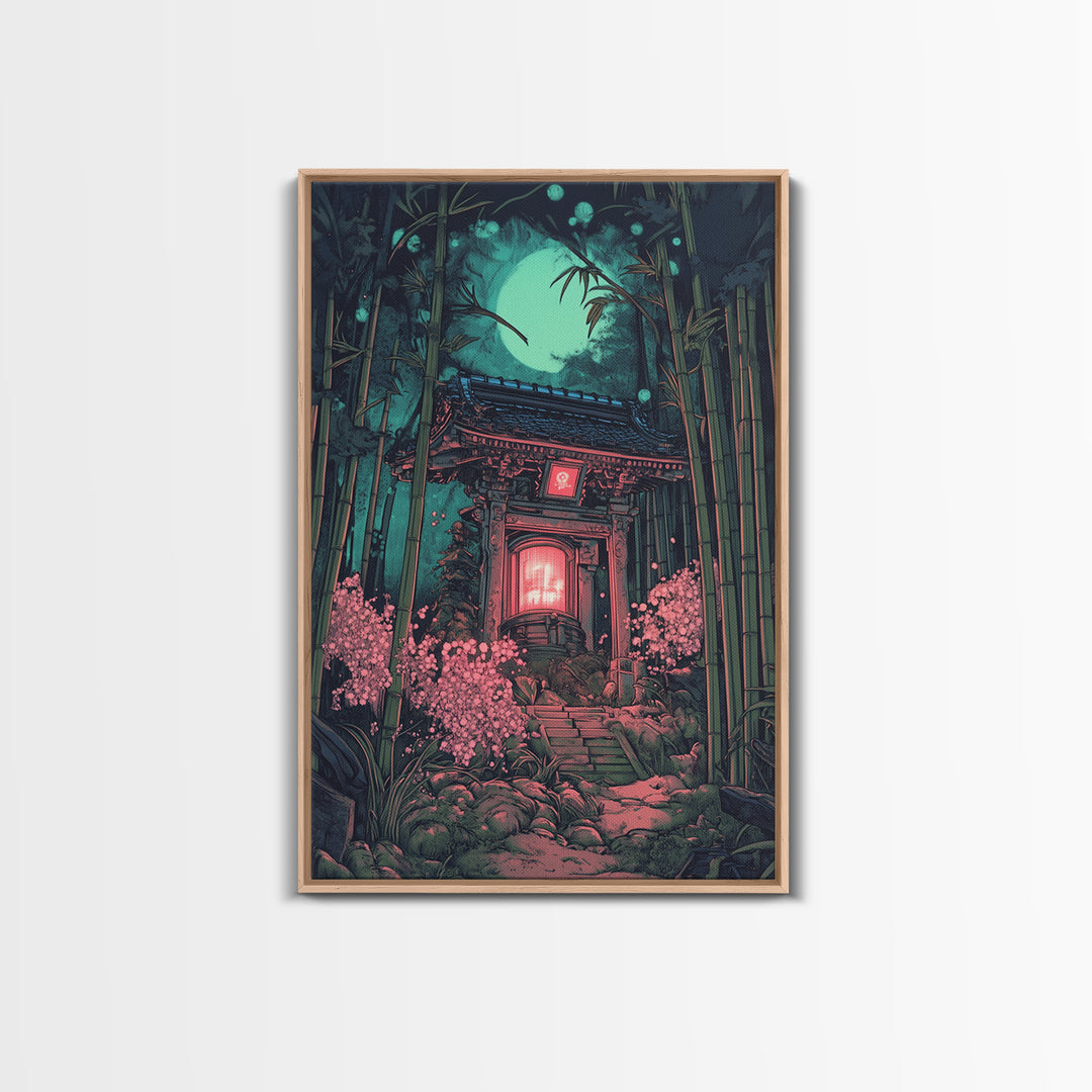 Moonlit Bamboo Shrine Wall Art, Japanese Moon Garden Canvas Print, Dark Botanical Japandi Decor, Pink Floral Temple Scene