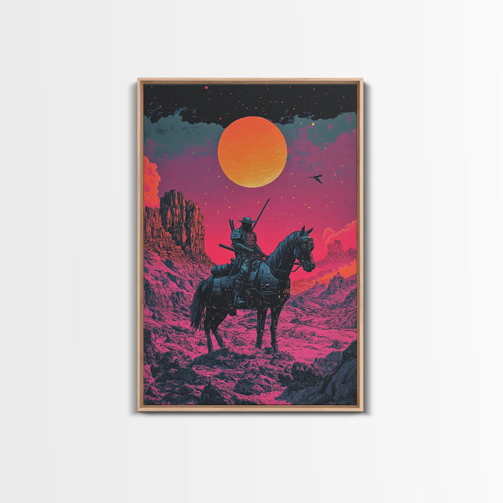 Samurai Horseback Desert Wall Art, Orange Sun Western Japanese Canvas Print, Retro Futuristic Warrior Decor Gift For Man Cave